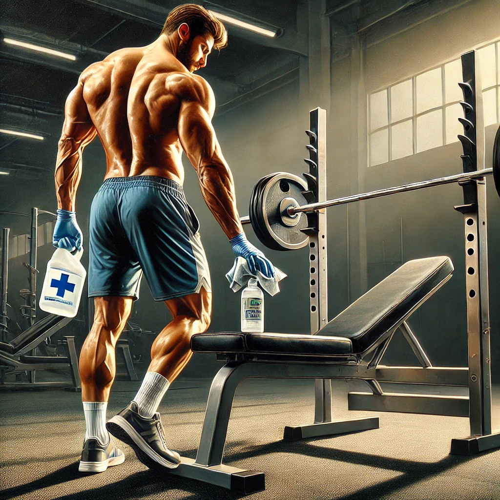 Dall·e 2024 08 18 18.05.54 A Realistic Painting Of An Athlete With An Athletic Build, Wearing Sports Shorts And A Tank Top, Standing Near A Bench Press Machine. The Athlete Is H