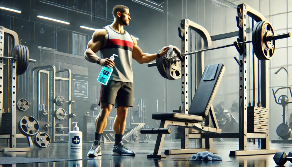 Dall·e 2024 08 18 18.11.29 A Realistic Image Of An Athlete With A Muscular Build, Wearing Sports Shorts And A Tank Top, Standing Near A Bench Press Machine. The Athlete Is Holdi